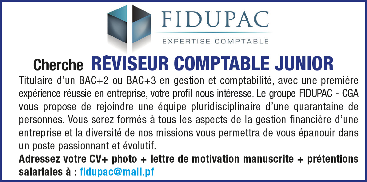 FIDUPAC Expertise Comptable cherche REVISEUR COMPTABLE JUNIOR