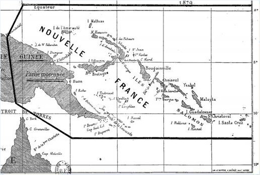 Sur cette carte de la Nouvelle-France, on mesure le ambitions de Du Breil : faire main basse sur quasiment les trois-quarts de la Mélanésie.