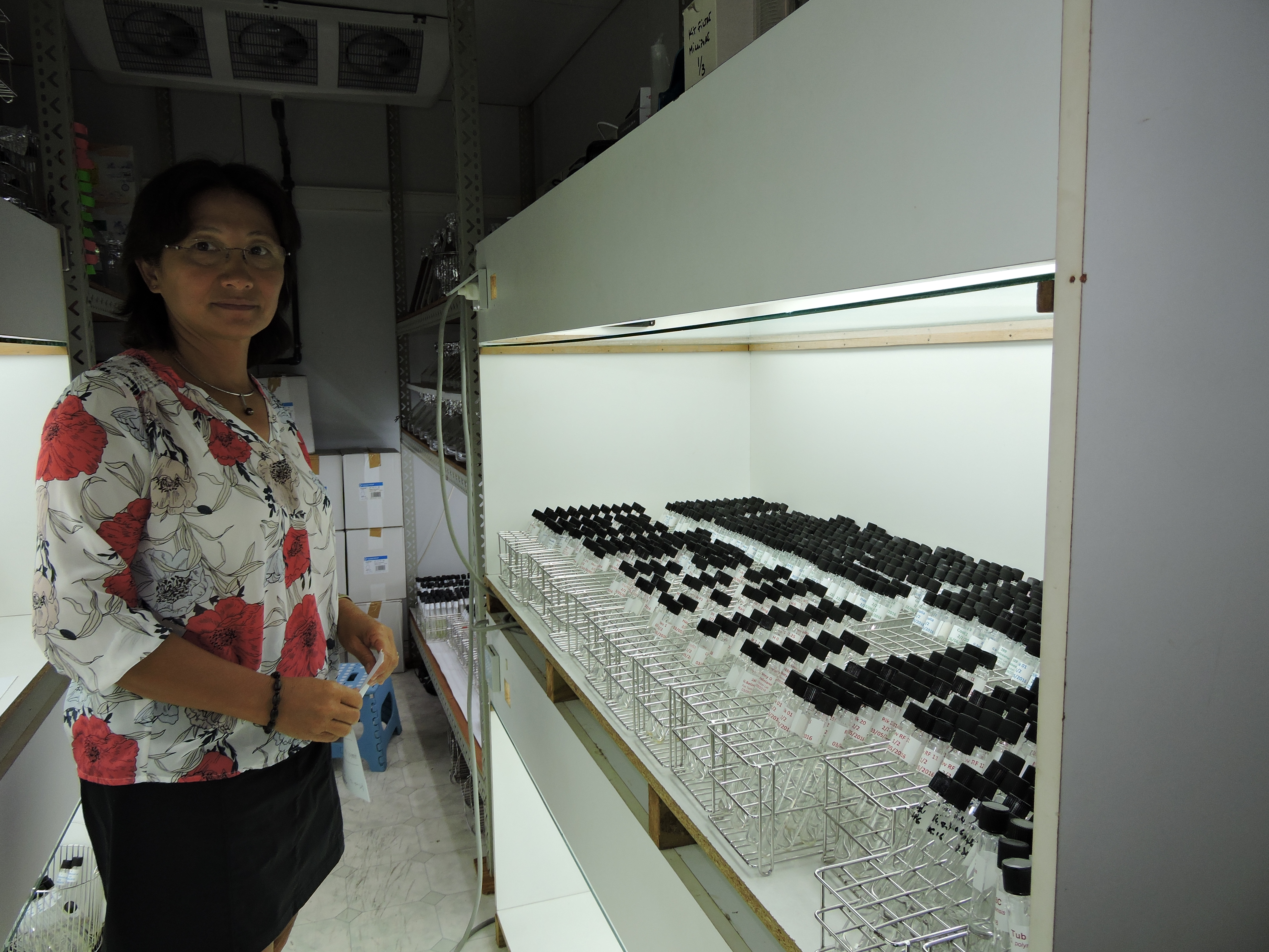 Mireille Chinain, chef du laboratoire des micro-algues toxiques à l'Institut Malardé. dans son laboratoire.