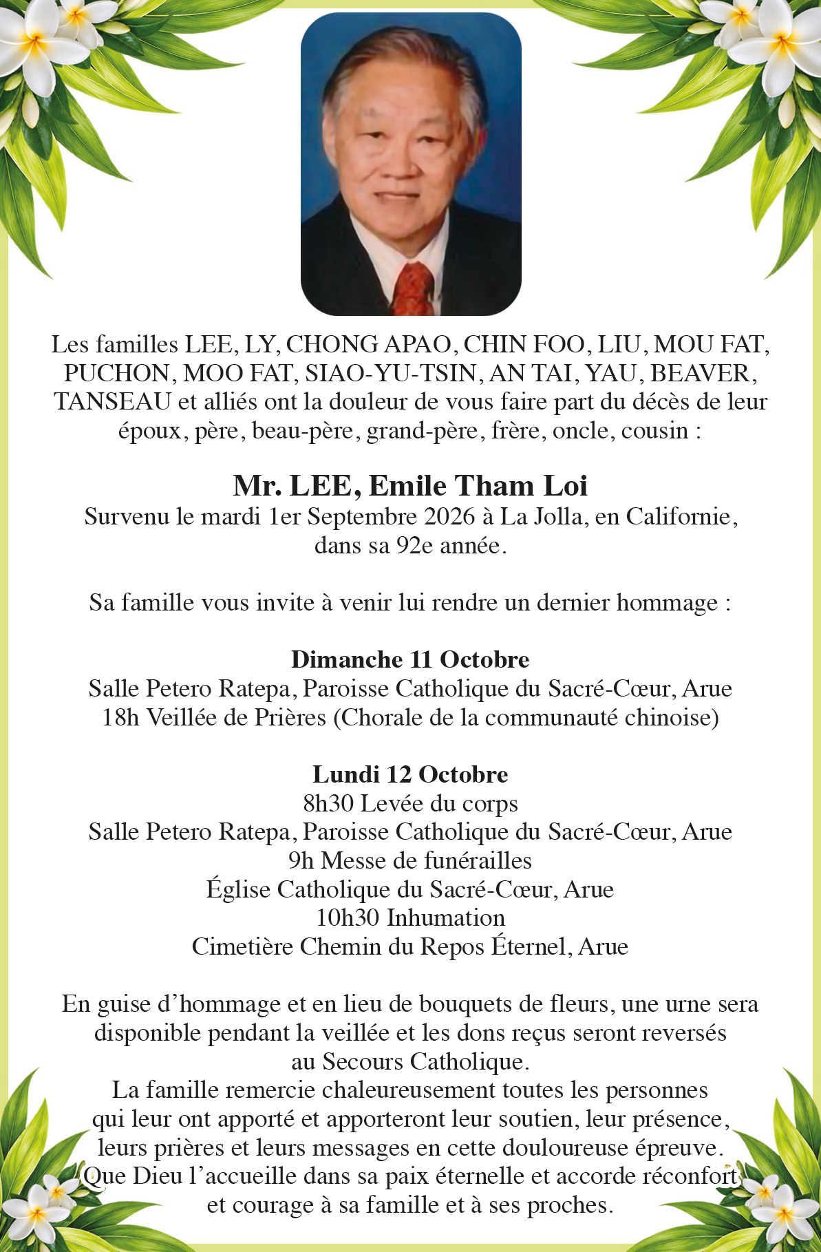 AVIS DE DECES de LEE, Emile Tham Loi
