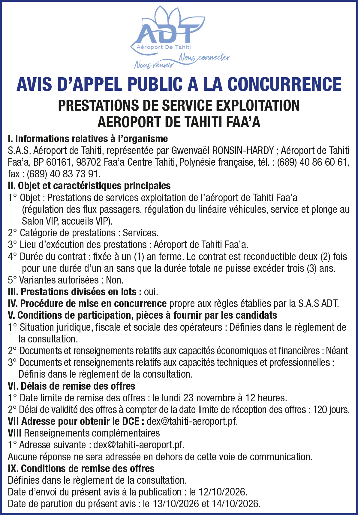 AEROPORT DE TAHITI LANCE UN AVIS D'APPEL A LA CONCURRENCE : PRESTATIONS DE SERVICE EXPLOITATION AEROPORT DE TAHITI FAA’A