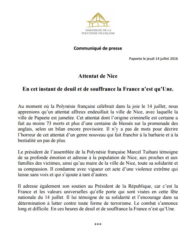 Attentats à Nice, nombreuses réactions en Polynésie française