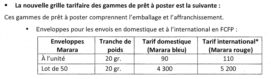 Les nouveaux prix des emballages et des prêt à poster de l'OPT
