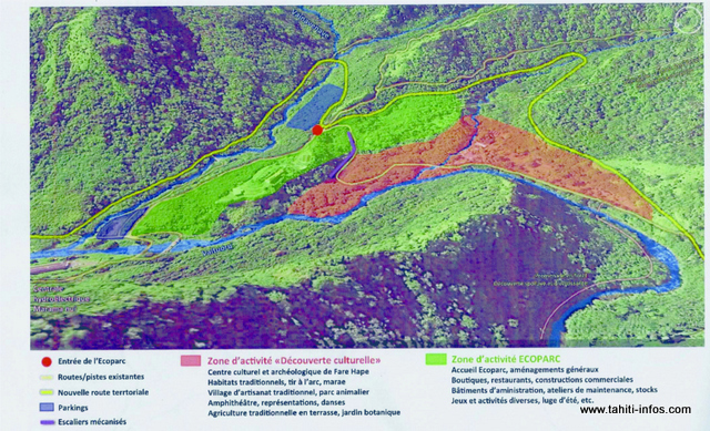 Un aperçu de ce qui est proposé dans le projet Ecoparc, et qui a créé l'indignation de l'association Haururu. Sur cette photo, la nouvelle route (en jaune) qui passe au-dessus du site de Fare Hape (zone en rouge).