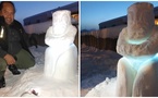 Un tiki sculpté dans la neige à La Rochelle