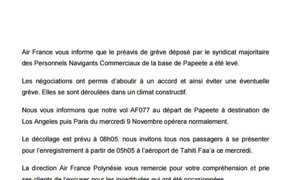 Air France: levée du préavis de grève, pas de perturbation sur les vols