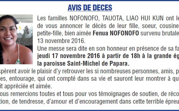Avis de décès Fenua NOFONOFO