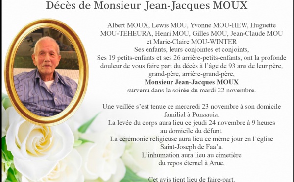 Décès de Monsieur Jean-Jacques Moux