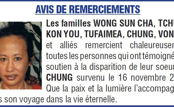 Avis de remerciements familles CHUNG, VONGUE
