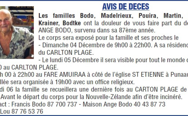 Décès de Monsieur Ange BODO