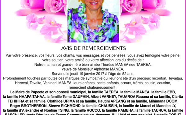 Avis de remerciements familles MANEA, TAEREA