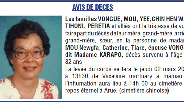 Avis de décès Familles VONGUE, MOU