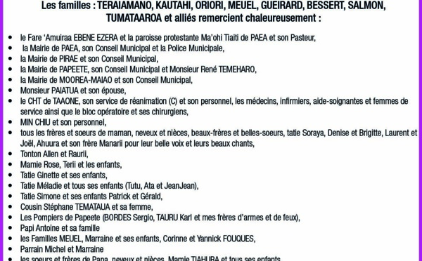 Avis de remerciements Famille TERAIAMANO-MEUEL