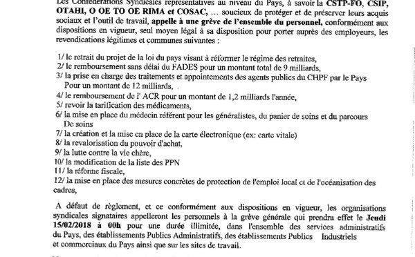 Le préavis de grève générale est déposé pour jeudi prochain