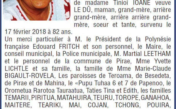 Avis de remerciements Famille IOANE, LE DÛ, TEATA