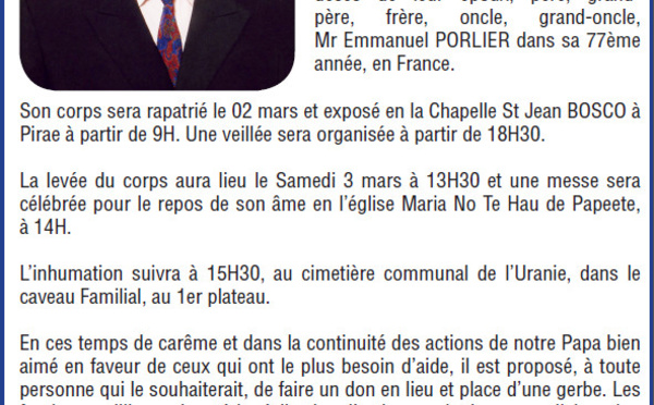 Décès de Monsieur PORLIER Emmanuel