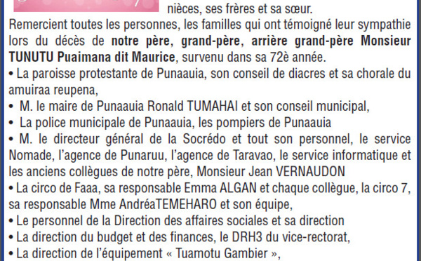 Avis de remerciements Famille TUNUTU