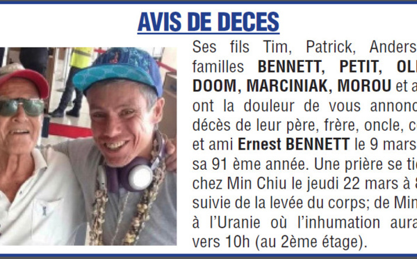 Décès de Monsieur Ernest BENNETT