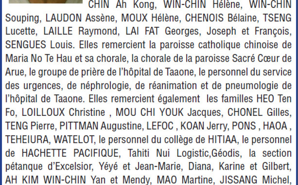 Avis de remerciements Famille WIN-CHIN