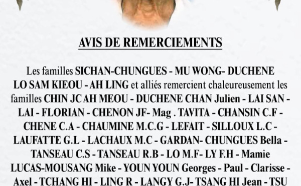 Avis de remerciements Famille SICHAN-CHUNGUES