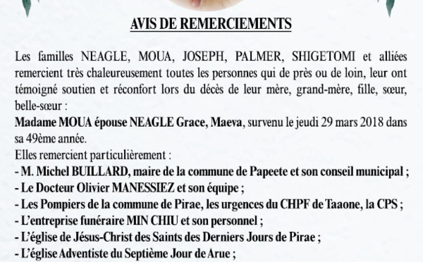 Avis de remerciements Famille NEAGLE-MOUA