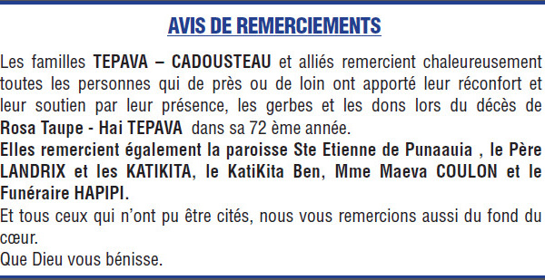 Avis de remerciements Famille TEPAVA-CADOUSTEAU