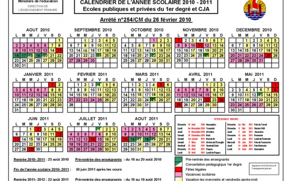 Pratique: les calendriers scolaires 2010-2011  de Polynésie française tous archipels