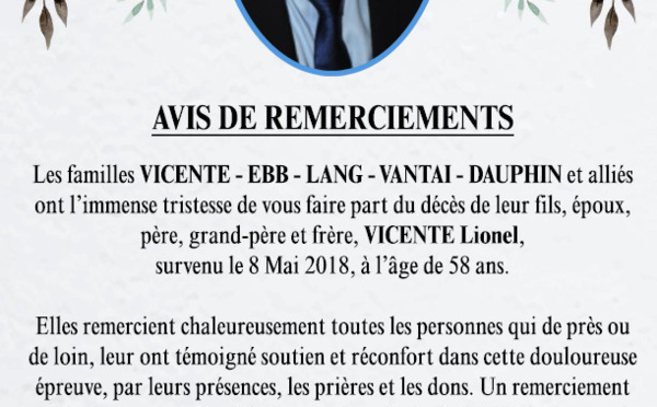 Avis de remerciements Famille VICENTE