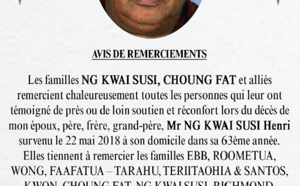 Avis de remerciements Famille NG KWAI SUSI - CHOUNG FAT