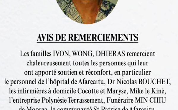 Avis de remerciement Famille IVON