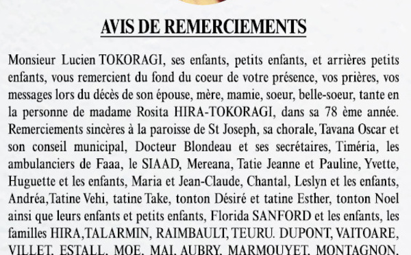 Avis de remerciements Famille HIRA-TOKORAGI
