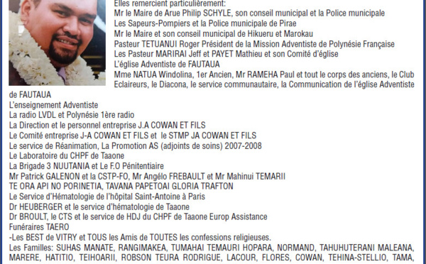 Avis de remerciements Famille TUFARIUA
