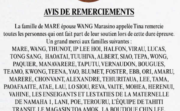 Avis de remerciements Famille MARE-WANG