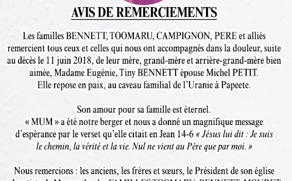 Avis de remerciements Famille BENNETT-TOOMARU