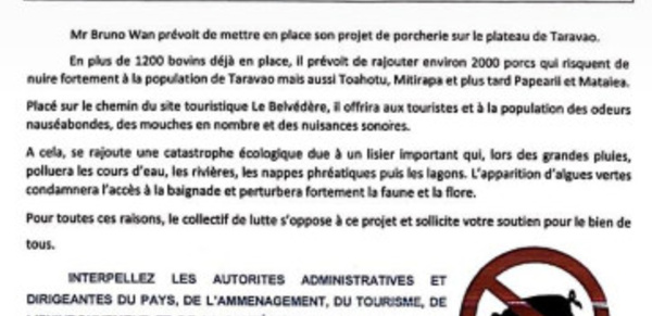 Taiarapu Ouest lance une pétition contre le projet d'élevage porcin