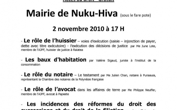 journées accès au droit à la Maire de Nuku-Hiva du 2 au 4 novembre 2010 - Conférence gratuite le 2 novembre 2010