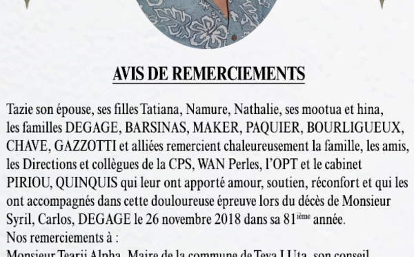 Avis de remerciements Famille DEGAGE