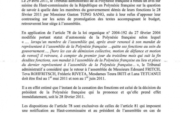Jacqui Drollet fixe au 1er Mai et non au 1er juin le retour des "ministres limogés" à l'assemblée.
