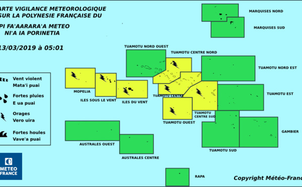 Vigilance jaune pour des orages sur la Société et les Tuamotu du centre et de l'ouest