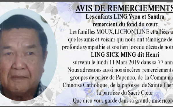 Avis de remerciements Famille LING SICK MING - MOUX