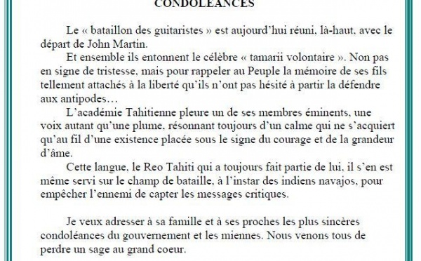 Décès de John Martin: condoléances 