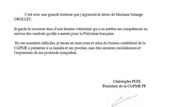 Décès de Mme Solange DROLLET: condoléances 