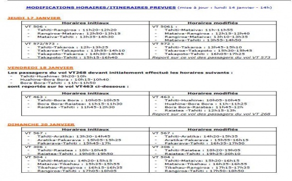 AIR TAHITI: modifications des vols des 17, 18 et 20 janvier