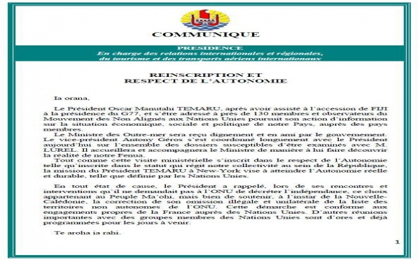 Oscar Temaru occupé à New-York, n'accueillera pas le Ministre des Outre-mer Victorin Lurel