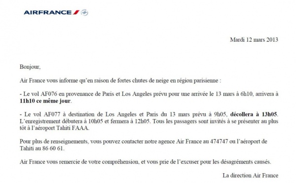 Air France: modifications des horaires des vols  du mercredi 13 mars 2013 :