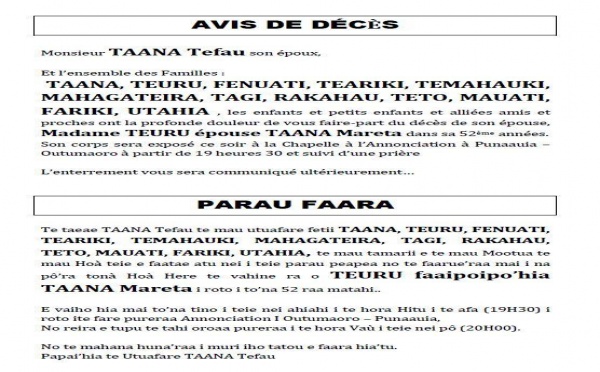 Avis: Décès de Mme  TAANA Tefau