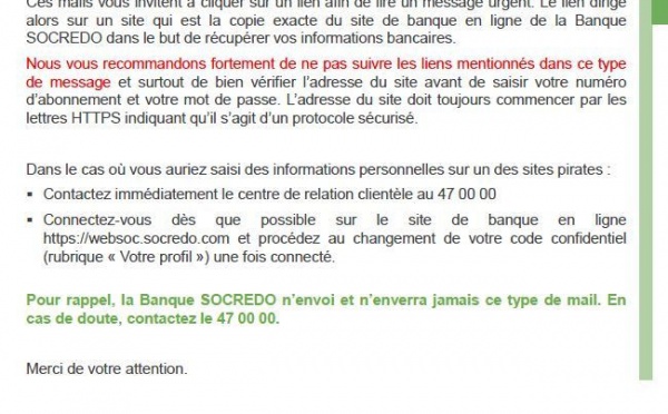 Phishing: La banque Socredo lance une alerte à la fraude