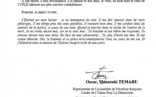 Condoléances: décès de Mme Francine Atger