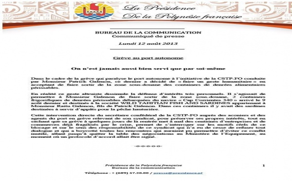 Grève au port autonome: la Présidence fustige les agissements de Galenon