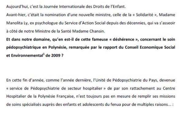 Droits de l'enfant: Lettre ouverte de l'Association des Soignants en Pédopsychiatrie de Polynésie Française